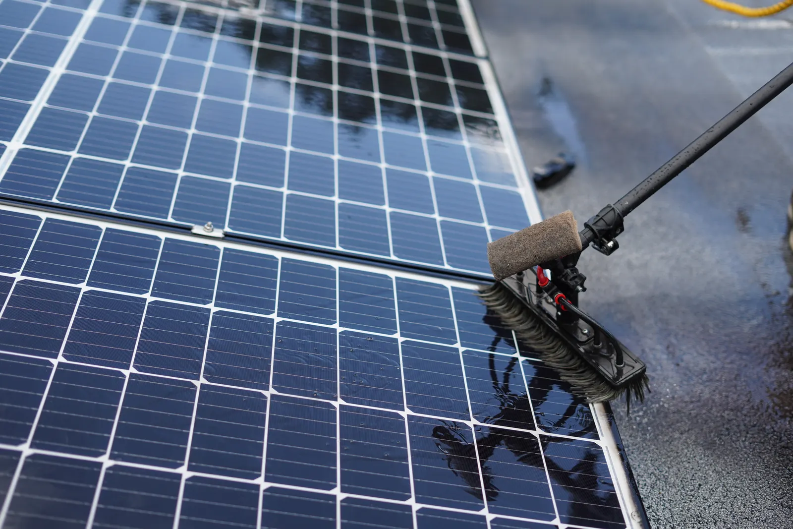 A soft-bristle brush on a water-fed pole cleaning a wet solar panel.
